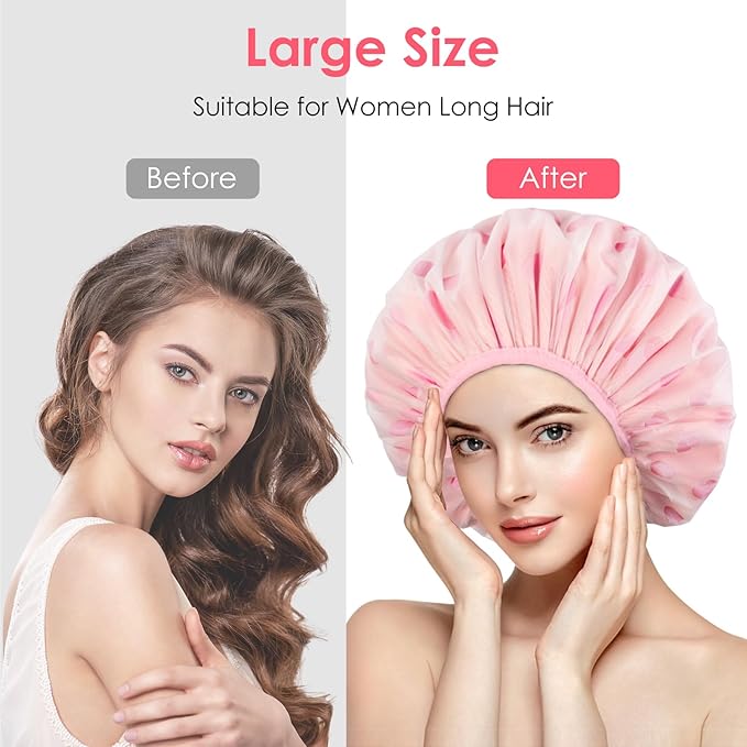 Auban Shower Cap, Shower Cap for Women Terry Cloth Lined EVA Exterior Reusable Double Layer Waterproof, Large Bath Hair Cap, Hotel Travel Essentials Accessories Cleaning Supplies(Pink)