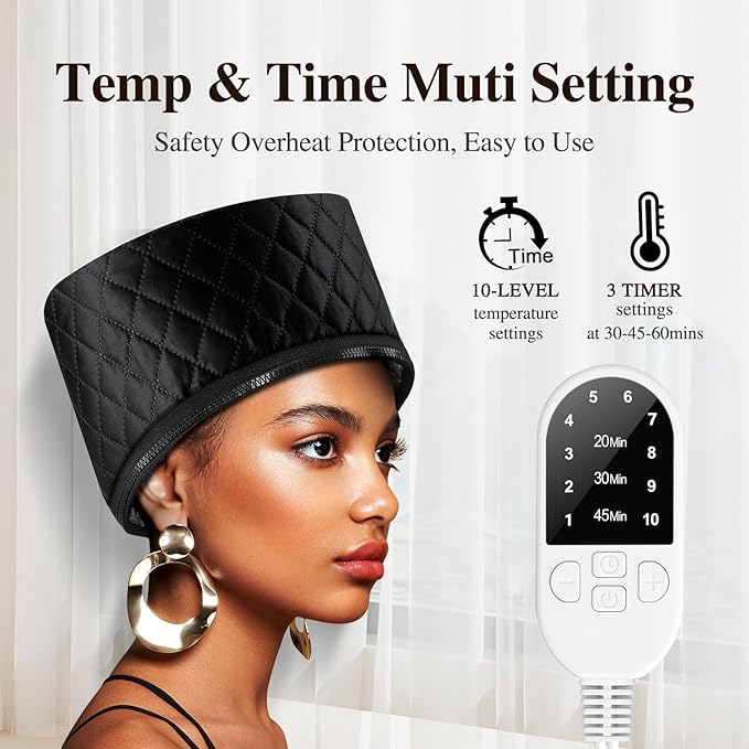 Heat Cap for Deep Conditioning: 10-Level Heats Up Quickly 3 Time Settings Hair Steamer for Natural Hair Home Use Thermal Steam Cap for Black Hair Portable Heating Caps