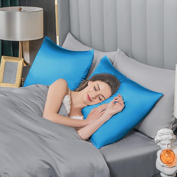 Mulberry Silk Pillowcase for Hair and Skin,Standard Size Cooling Silk Pillow Case with Hidden Zipper,Allergen Proof Dual Sides Soft Breathable Smooth Silk Pillow Cover for Women(Standard,Ice+ Blue)