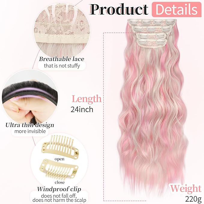 KooKaStyle Clip in Hair Extensions 4PCS Long Wavy Natural & Soft Hairpieces for Women 24 Inch for Women(Blonde with Pink Highlight)