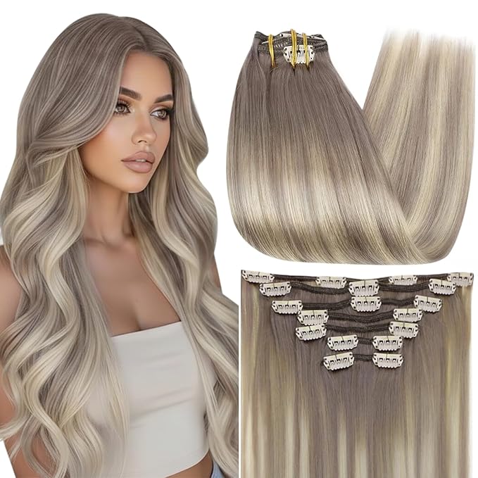 Full Shine Short Clip in Hair Extensions Human Hair Grey Blonde 12 Inch Double Weft Clip in Extensions for Women Balayage Remy Hair Extensions Real Human Hair 7 Pcs 95 G