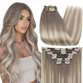 Full Shine Short Clip in Hair Extensions Human Hair Grey Blonde 12 Inch Double Weft Clip in Extensions for Women Balayage Remy Hair Extensions Real Human Hair 7 Pcs 95 G