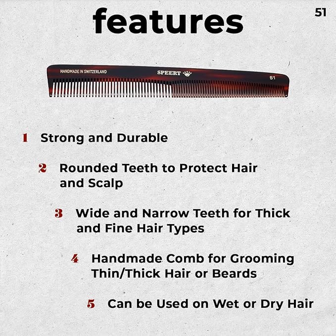 #51 Handmade Wide Narrow Tooth Comb Tortoise Havana Acetate Thick Coarse Curly Thin Fine Straight Hair Detangling Parting Grooming Teasing Hair Styling Hairdresser Barber Hairdressing Wet Dry