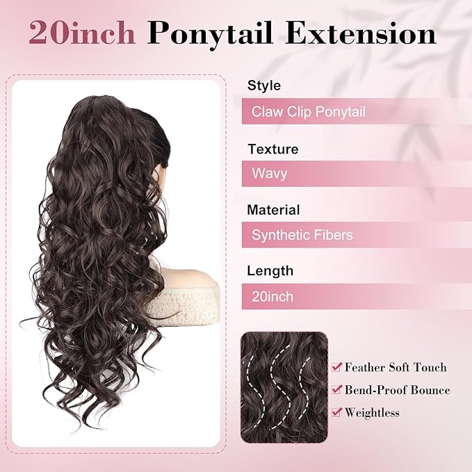 QGZ 20" Wavy Ponytail Extension, Claw Clip Ponytail Hair Extension, Natural Synthetic Hairpiece for Women Daily Use(Dark Brown)