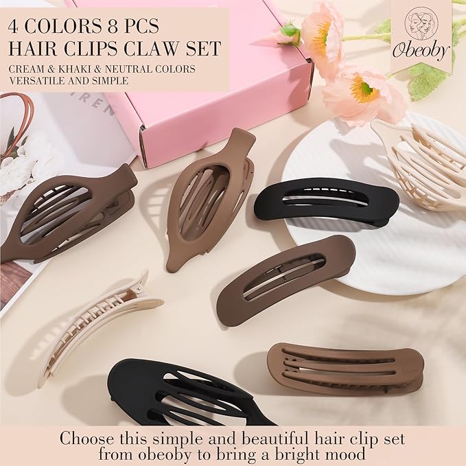 obeoby 8 Pcs Flat Hair Clips, Neutral Color Flat Claw Clips 2 Styles Hair Claws for Women Girls Medium Hair Volume French Hair Barrettes Accessories
