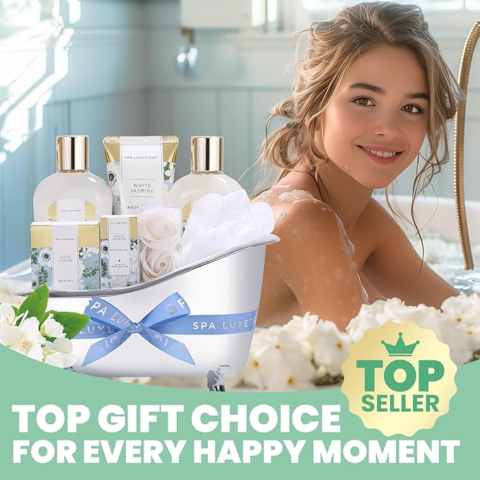 Spa luxetique Bath and Body Gifts for Women 8pcs Jasmine Scented Spa Sets with Bubble Bath Gift Baskets for Women Mother's Day Gifts for Mom