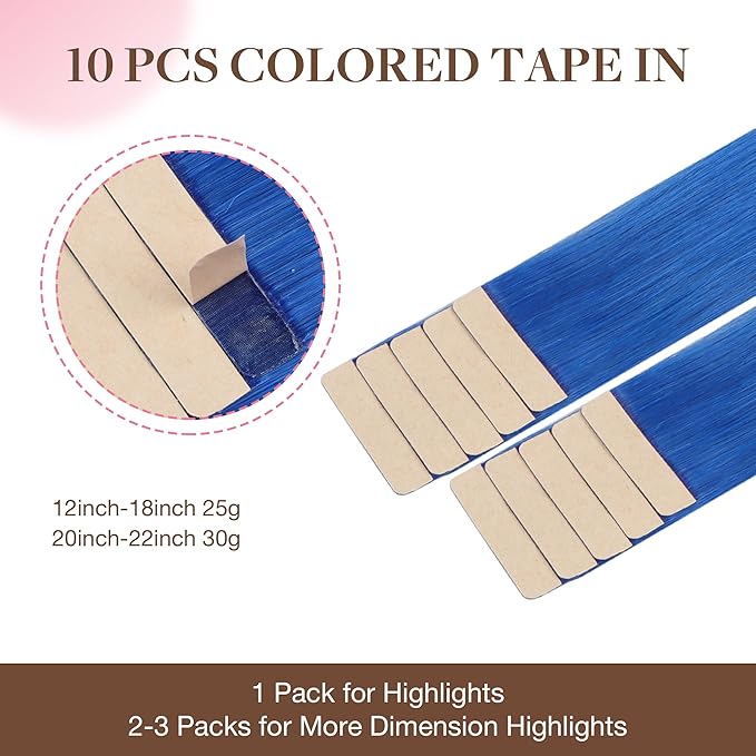 GOO GOO Tape in Hair Extensions Human Hair, Blue, 18inch 25g 10pcs, Colored Tape ins Human Hair Extensions, Silky&Soft Invisible Tape Ins, Hair Highlighted for Party