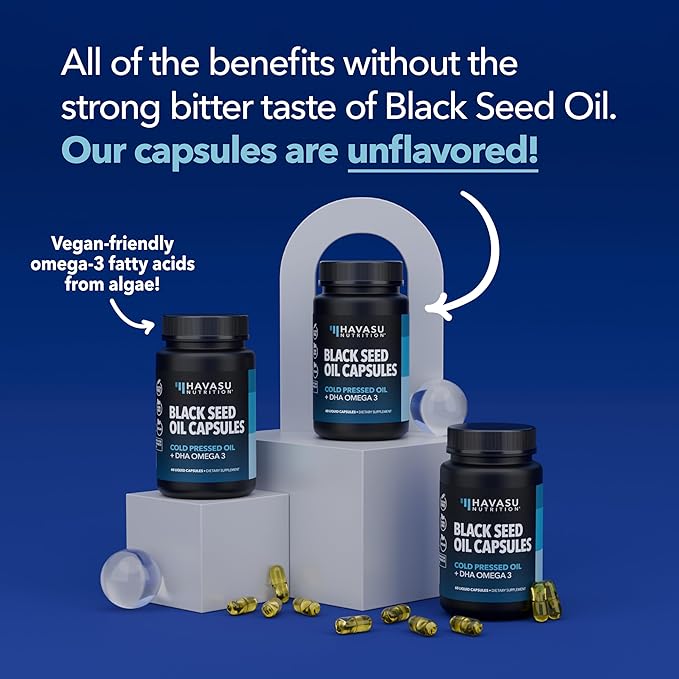 Black Seed Oil with DHA Supplement for Brain Health and Cognition - Cold Pressed Black Cumin Seed Oil and DHA Omega 3-60 Liquid Capsules, Unflavored, Vegan, Non-GMO, and Gluten-Free - 1 Month Supply