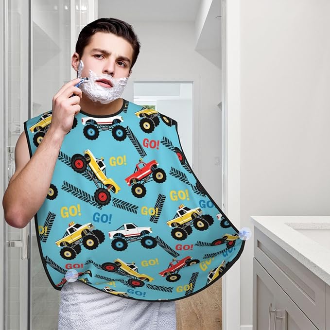 Non-Stick Beard Shaving Bib, Hair Catcher Apron with Suction Cups, Waterproof Grooming Tool for Men Husband, Cool Cars Blue Monster Truck Shave Bib