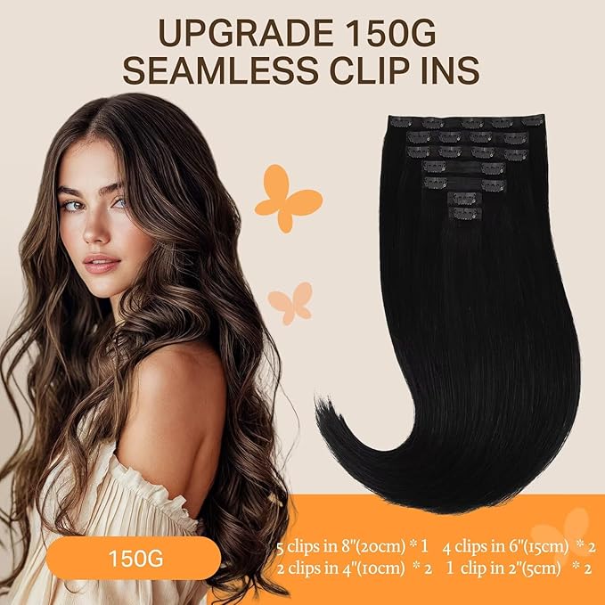 DOORES Clip in Human Hair Extensions, Jet Black 130g 9pcs 14 Inch, Thick Seamless Hair Extensions Clip ins Natural Straight Remy Weft