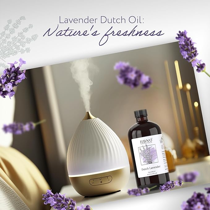 HBNO Lavender Dutch Oil - 16 oz (475 ml) Large Size - Ideal for Shampoos, Conditioners, Mouth Washes, Face wash, Lotions, and Skin Care Products (Glass Bottle).