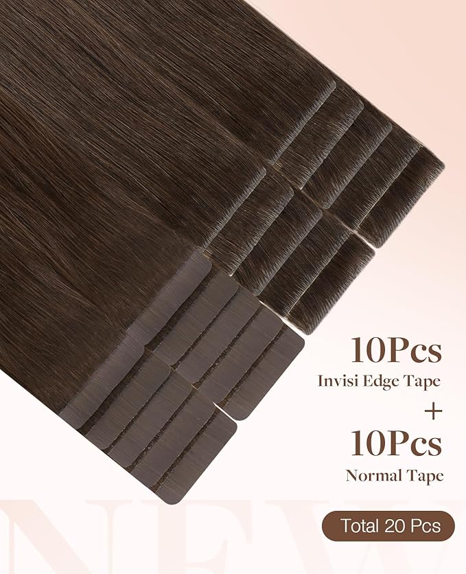 GOO GOO Invisi Edge Tape in Hair Extensions Human Hair, 4A Chocolate Brown 10pcs injected with 10pcs classical tape ins, 22inch 50g, Virgin Remy Hair, Natural Look