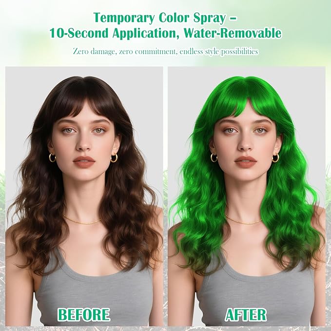 Christmas Green Hair Spray Temporary for Women Kids Men, One-Time Use Washable Temporary Hair Dye, Natural Spray Hair Color Wax Non-Sticky for Party, Halloween, Crazy Hair Day, Cosplay (Green,4.06 oz)