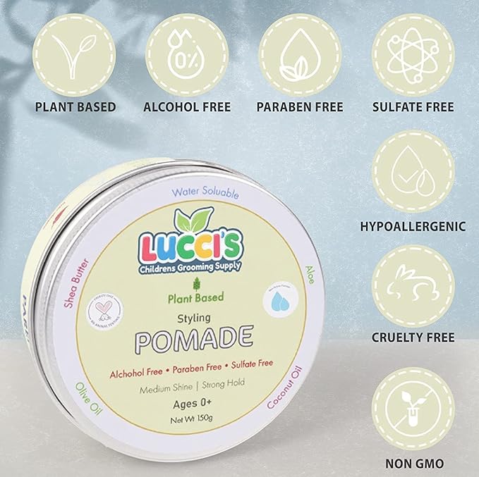 LUCCI’S CHILDRENS GROOMING SUPPLY Baby Hair Gel – 5oz Plant-Based Styling Hair Pomade for Infants – No Parabens or Sulphates – Medium Shine and Strong Hold Hair Paste for Kids