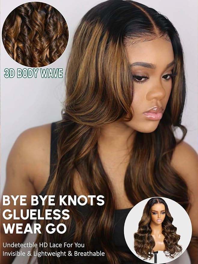 KLAIYI Pre Everything 13x4 Glueless Wig Ombre Brown Body Wave Pre Cut Lace Front Wigs Human Hair Pre Plucked Pre Bleached Wear and Go Wig with Dark Roots 12A Highlight Balayage 3S Ready To Wear 18Inch