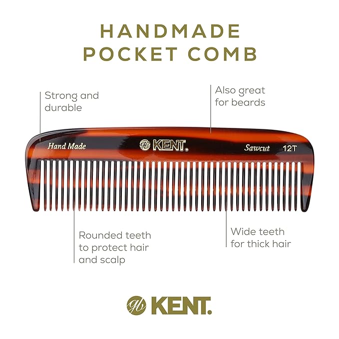 Kent 12T Tortoise Pocket Comb - Handmade Wide Tooth Hair Comb for Men, Women, and Kids - Travel, Beard, and Mustache Comb - Saw Cut and Hand Polished Made in England