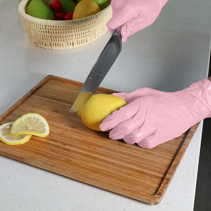 Disposable Gloves Medium, Nitrile and Vinyl Blend Material Gloves, Latex Free, 4 Mil 100 Pc Food Grade Glove for Cleaning, Food Prep, Hair Dye, Tattoo, Pink