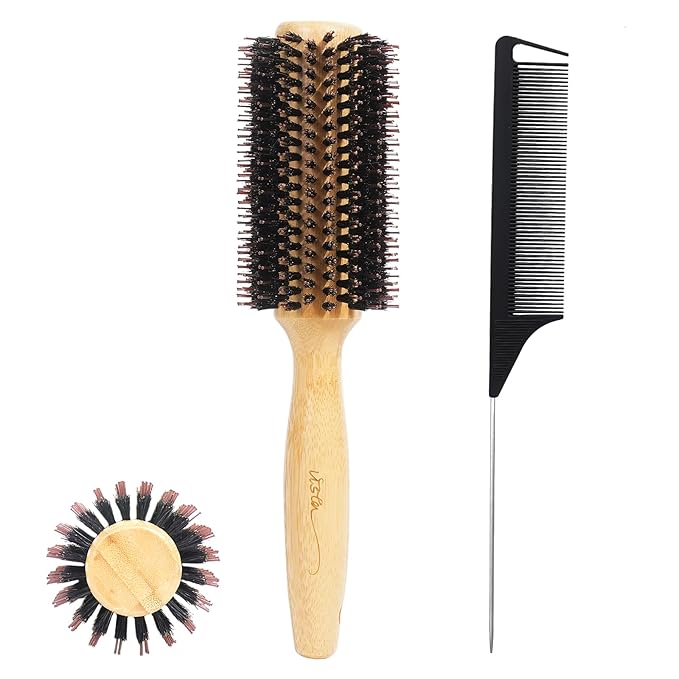 Vista Round Hair Brush with 10mm Boar Bristle 15mm Nylon Bristle Hairbrushes for Women Bamboo Hair Brush Styling with Tail Comb for Blow Drying, Shiny, Smooth, Long, Curly Hair