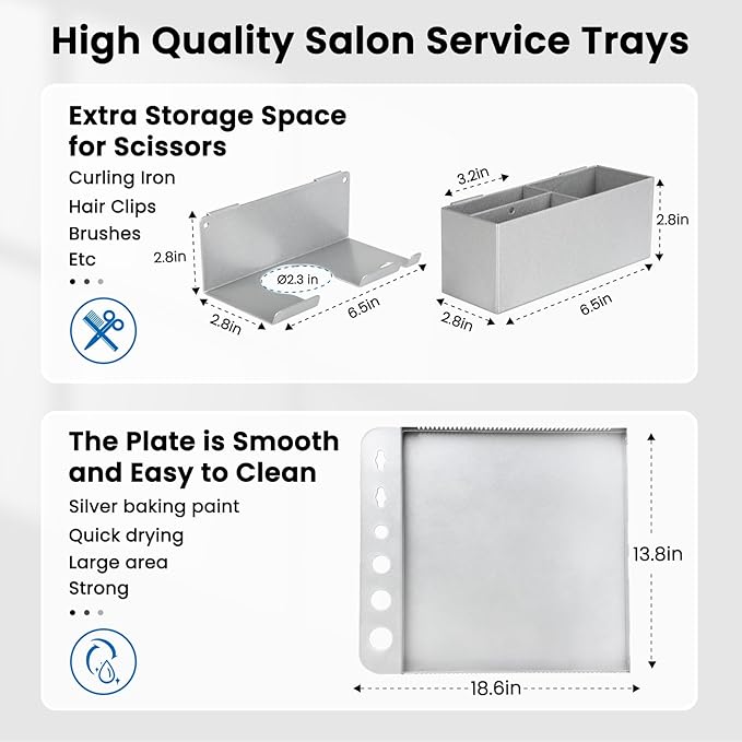 Salon Rolling Tray on Wheels, Hairstylist Tray with Storage Platform and Hair Separator Stand for Salon Station, Salon Tray Cart, Metal Service Instrument Storage Tray Accessory for Salon&Spa Use