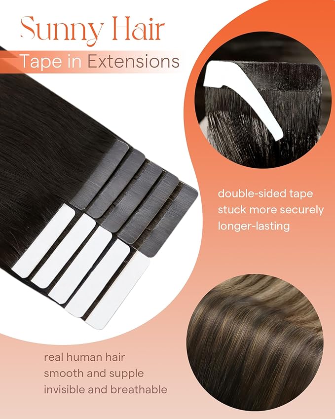 Sunny Hair Tape in Hair Extensions Real Human Hair Invisible Remy Hair Extensions Tape ins for Women Natural Black Ombre Dark Brown Balayage Ash Blonde 22 inch 25G