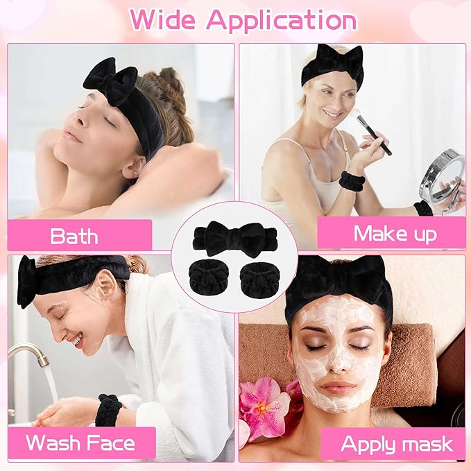 WSYUB Makeup Headbands, 1pcs Black Spa Headband Fluffy Bow Tie Headband Microfiber Face, and 2Pcs Wrist Spa Wash Band Absorbent Wristbands, for Washing Face Skin Care