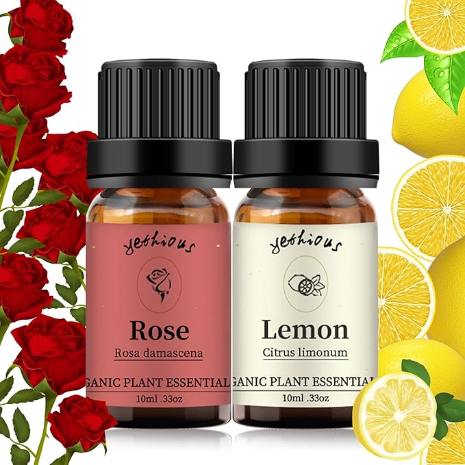 yethious Rose Lemon Essential Oils Set 2pcs*10ml 0.66oz 100% Organic Pure Aromatherapy Gift Oil Kit for Diffuser Rose Oil Essential Oil