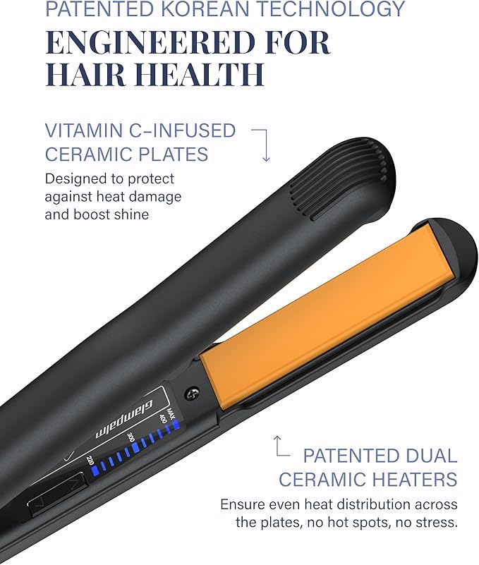 GLAMPALM Hair Straightener 1" Ceramic Flat Iron Infused with Vita C, Korea's No.1 Professional Salon Tool with 3D Swivel Cord & Dual Voltage,11 Heat Settings(220°–450°), 25s Fast Heat-Up (GP201)