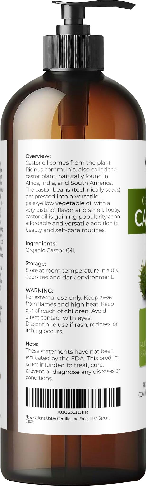 velona USDA Certified Organic Castor Oil - 16 fl oz (With Pump) | For Hair Growth, Boost Eyelashes, Eyebrows | Cold pressed, Natural Oil, USP Grade | Hexane Free, Lash Serum, Caster