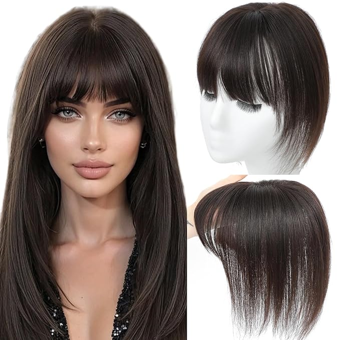 100% Real Human Hair Topper for Women Human Hair Bangs for Women 10 inch Dark Brown Hair Hoppers Clip in Bangs Swiss Base Hairpieces for Thinning Hair#2