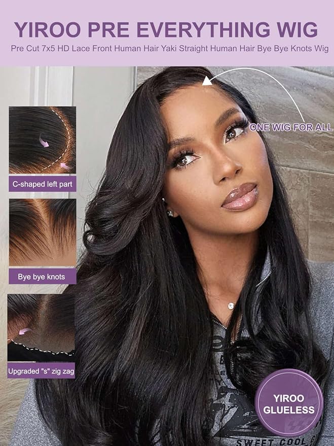 Yiroo Light Yaki Straight Wig Human Hair with Side Swept Bangs,7x5 Lace Front Bye Bye Knots Glueless Wig Human Hair Pre Plucked Pre Cut,Elastic Drawstring Wear and Go Wig for Women 150% Density 16Inch