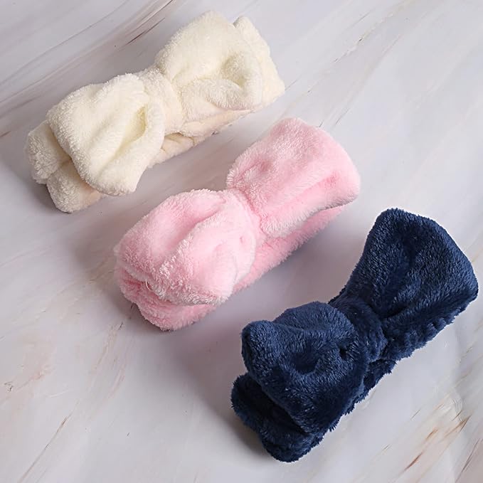 WSYUB 3Pcs Spa Headband, Makeup Headband for Washing Face, Bow Headbands for Women, Fluffy Skincare Headbands Microfiber Bow Knot Hair Band, Pink, Yellow, Dark Blue