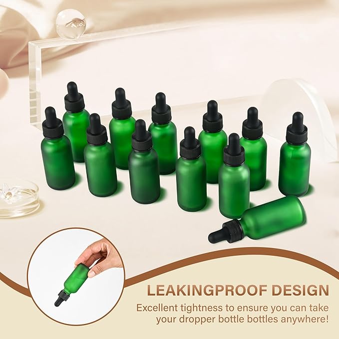 12 Pcs, 1oz Dropper Bottle, Green Glass Eye Dropper Bottle, Tincture Bottles with Dropper, Pretty Finish, Leak-Proof Design, Stronger Suction for All Kinds of Mixed Liquids