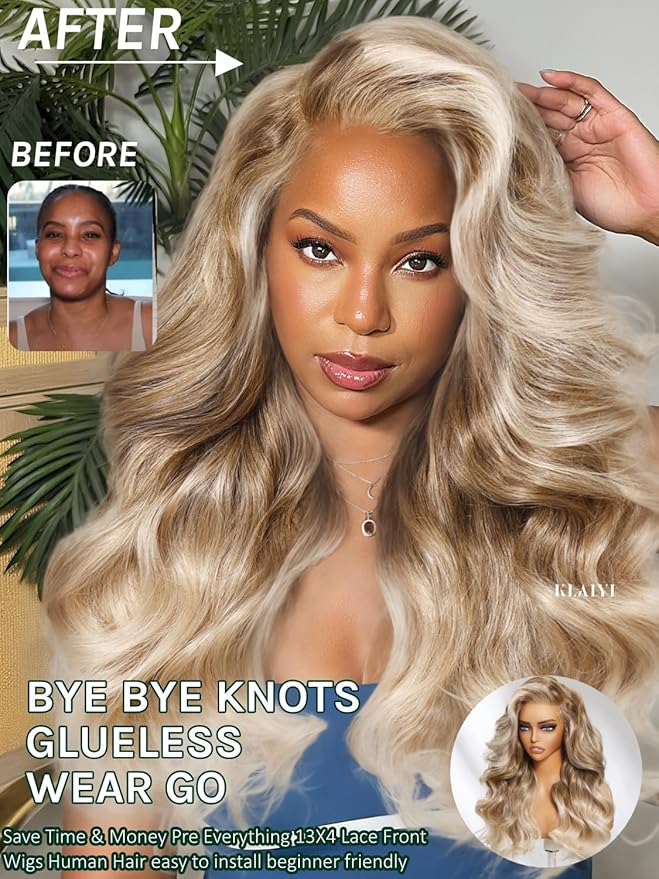 KLAIYI Ombre Ash Blonde Loose Body Wave Pre Everything Glueless 13x4 Lace Front Wigs Human Hair Balayage Precut Pre Plucked Bleached Bye Bye Knots 30S Ready to Wear and Go Wig Beginner Friendly 20Inch