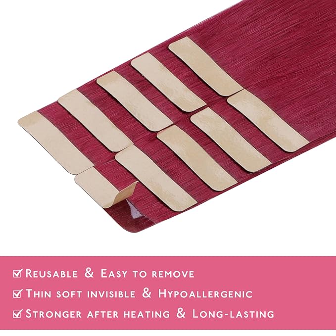 WENNALIFE Tape in Hair Extensions Human Hair Burgundy Red Tape in Extensions, 10pcs 25g 16 inch Remy Invisible Tape Ins Straight Colored Soft Real Human Hair Tape in Extensions Refill Set Extensions