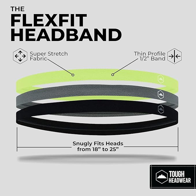 Tough Headwear Thin Elastic Headbands for Men - Sports Hair Head Band for Women & Men - Non Slip Mens Workout Headband - Running or Soccer Headband - 6-Pack