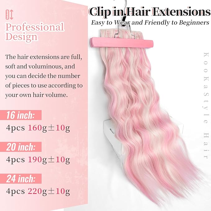 KooKaStyle Clip in Hair Extensions 4PCS Long Wavy Natural & Soft Hairpieces for Women 24 Inch for Women(Blonde with Pink Highlight)