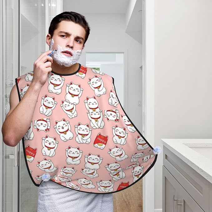 Waterproof Grooming Apron, Non-Stick Beard Bib with Suction Cups, for Cute Lucky Cat Pink