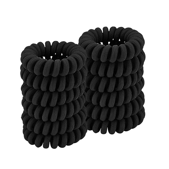 Spiral Black Cloth Hair Ties for Thick, Ponytail Holders (12 Pcs), No Crease Phone Cord Ties for All Hair Types