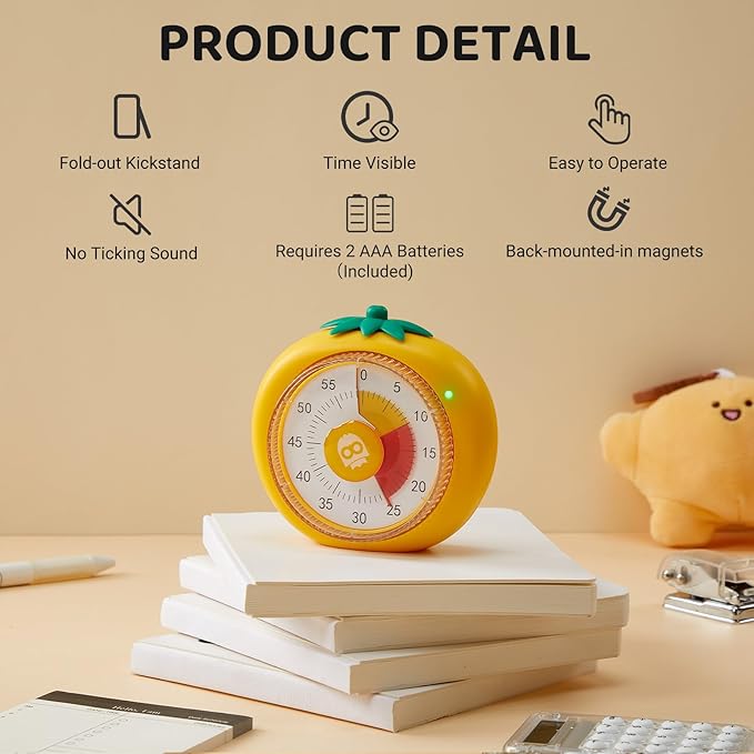 Visual Timer for Kids, 60-Minute Countdown Timers for Classroom Office Kitchen with Silent Operation, Kids Timer for Teaching with Cute Design, 4-Color Zone Pattern Pomodoro Timers