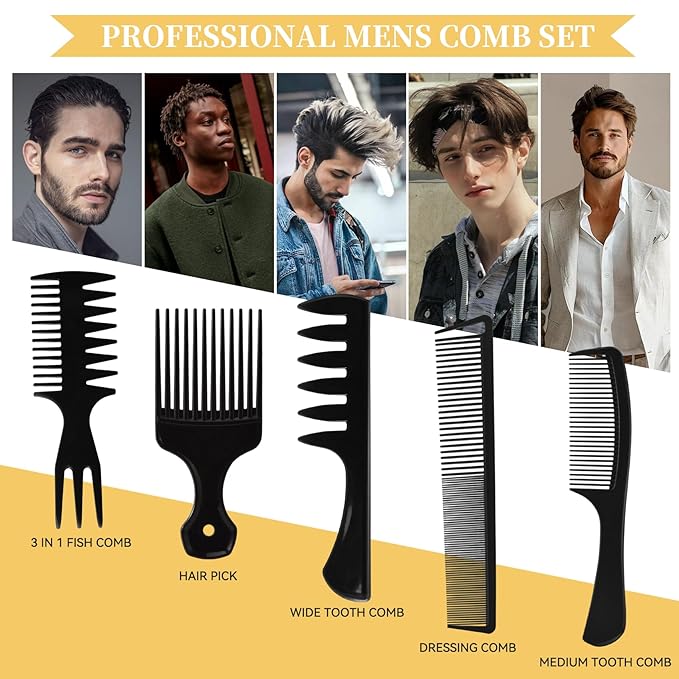 5Pcs Combs for Men, Wide Tooth Medium Toothed Styling Braiding Comb Kit for Twist Detangler Natural Hair, Hair Pick Comb Set for Afro Black Mens Curls