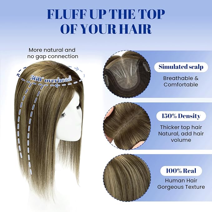 WORLDSTAR Hair Toppers for Women Real Human Hair No Bangs 6 * 7 Inch Base 12 Inch 55g #4/27/4 Balayage Chocolate Brown Ombre Caramel Brown Toppers Hair Pieces 150% Density (tp#4/27/4-12)