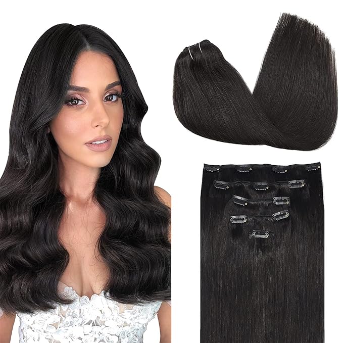 DOORES Hair Extensions Clip in Human Hair, 80g 5pcs Natural Black 20 Inch Clip in Human Hair Extensions Natural Hair Extensions Straight