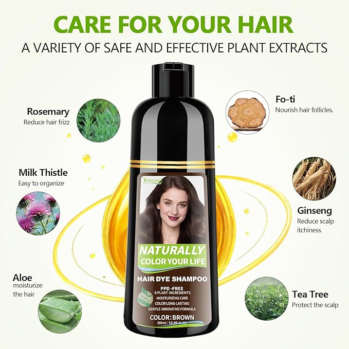 Light Brown Hair Dye Shampoo for Women & Men, 15 Min Gray Coverage, 3 in 1 Semi-Permanent Color with Natural Herbal Ingredients, Lasts 60 Days