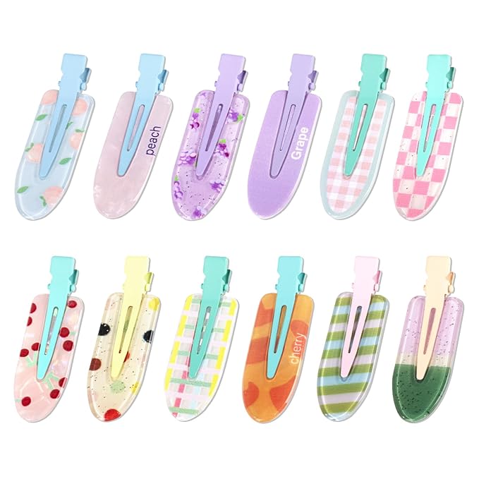 Magicsky 12PCS No Bend Hair Clips, Hawaiian Acrylic Flat Styling No Crease Pins, Bang Seamless Duckbill, Barrettes for Makeup, Cute Beach Hairstyle Tool for Women Girls, Colorful Fruit