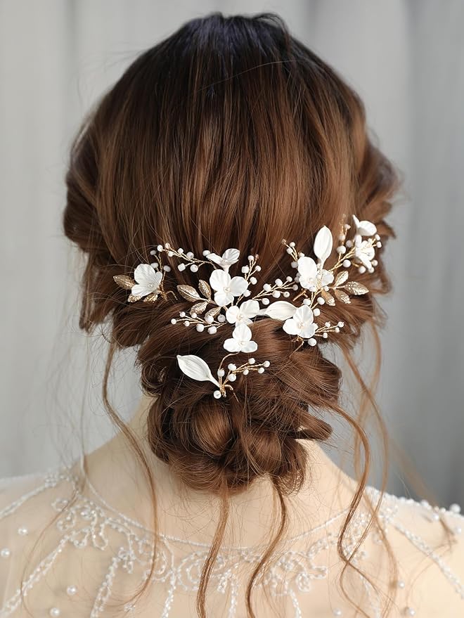 Beads Pearl Hair Pins, 6 Pcs Bridal Handmade White 3D Pinch Flower Fairy Bride Wedding Hair Pieces Leaf U Shaped Hair Accessories Headpiece Bridesmaids Women Girls Gold