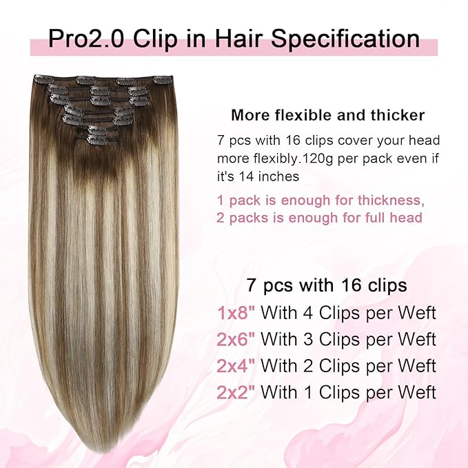 Pro2.0 Remy Real Human Hair Extensions Clip ins 120g Thick 7pcs #3/8/22 Walnut Brown to Ash Brown and Golden Blonde Remy Clip in Hair Extensions Real Human Hair 16inch（#3/8/22-16inch）