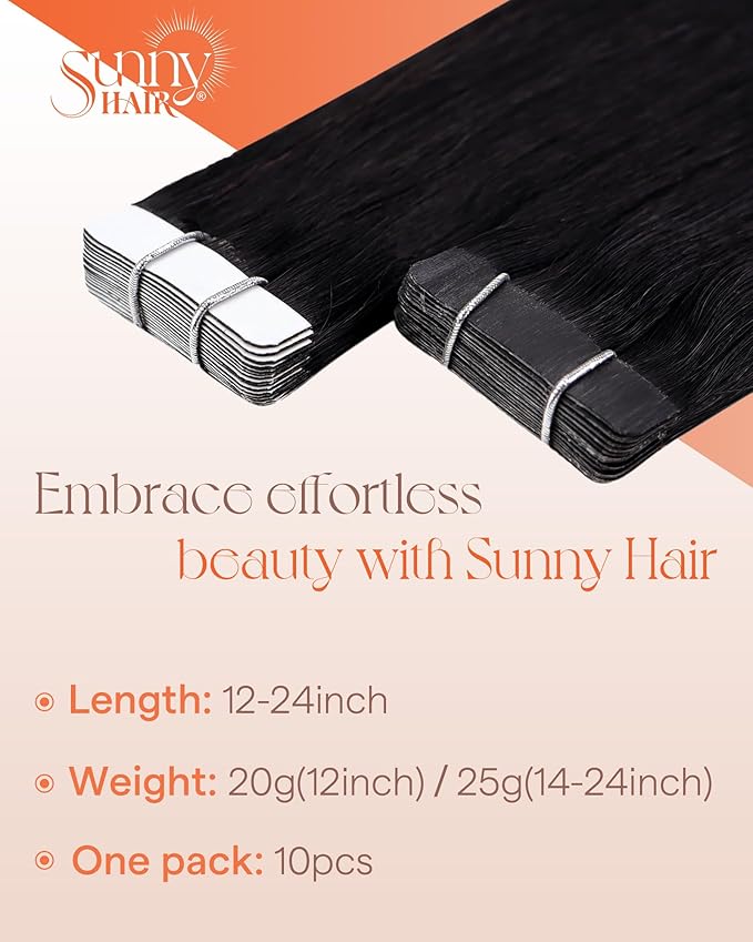 Sunny Hair Tape in Hair Extensions Real Human Hair Invisible Remy Hair Extensions Tape ins for Women Jet Black 20 inch 25G