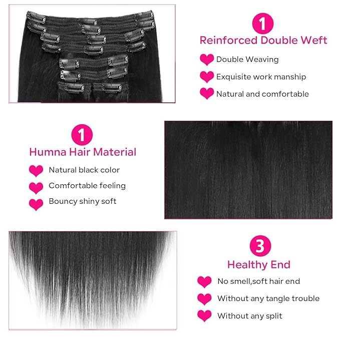 Yaki Straight Clip in Hair Extensions Real Human Hair 8Pcs Remy Human hair Clip ins for Women, Natural Soft Human Hair 120g 30inch #1B Natural Black