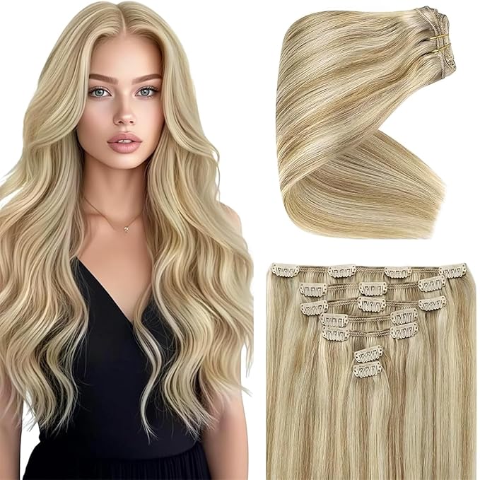 Ve Sunny Clip in Hair Extensions Real Human Hair Dark Blonde Highlights Golden Blonde Human Hair Clip in Extensions Real Human Hair Extensions for Women Thick Hair 7pcs 100g 14 inch