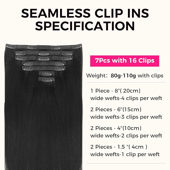 Lashey Seamless Clip in Hair Extensions Real Human Hair 7pcs 110g Straight Hair Extensions, 22 Inch Jet Black Remy Human Hair Clip in Extensions Black Hair Extension with Invisi Edge